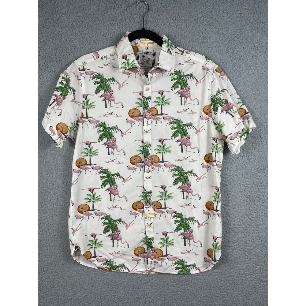 Denim & Flower Ricky Singh Shirt Mens M White Hawaiian Flamingo Print Cotton